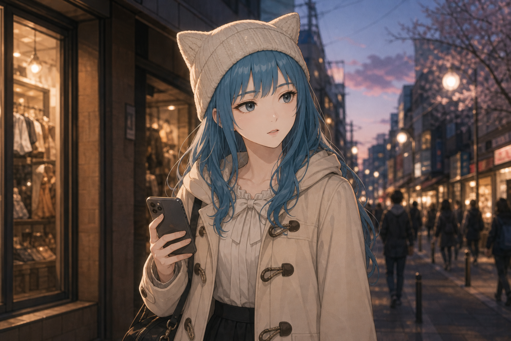 Code:Ripple v2 moka - 夕暮れの下北沢の商店街でスマホを手に立ち止まるモカ。猫耳ニット帽＋クリームのダッフルコート、パステルアクアの髪。路上で歌