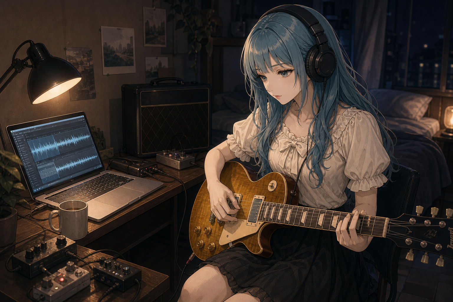 Code:Ripple v2 moka - 自室でヘッドホンを着け、レスポール(チェリーサンバースト)を抱えてノートPC(録音した声)に音を重ねるモカ。卓上ランプの