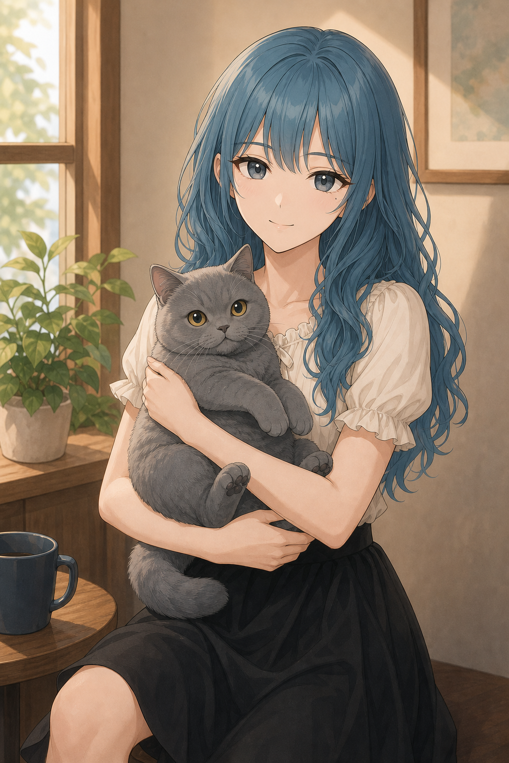 モカ ブリティッシュショートヘアの猫を抱く
